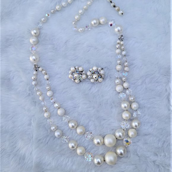 Vintage 1960's Laguna Faux Pearl and AB Crystal bead necklace and earrings - Picture 1 of 6